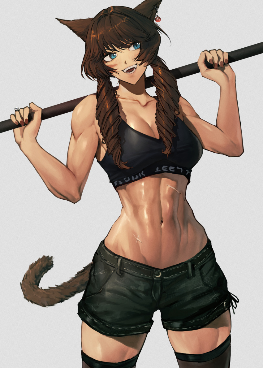 1girl abs absurdres animal_ears black_sports_bra black_thighhighs blue_eyes blush breasts brown_hair cleavage collarbone commission facial_mark fangs final_fantasy final_fantasy_xiv highres large_breasts long_hair looking_away looking_to_the_side madoro_q miqo'te muscular muscular_female navel open_mouth red_nails short_shorts shorts skeb_commission smile solo sports_bra tail teeth thighhighs