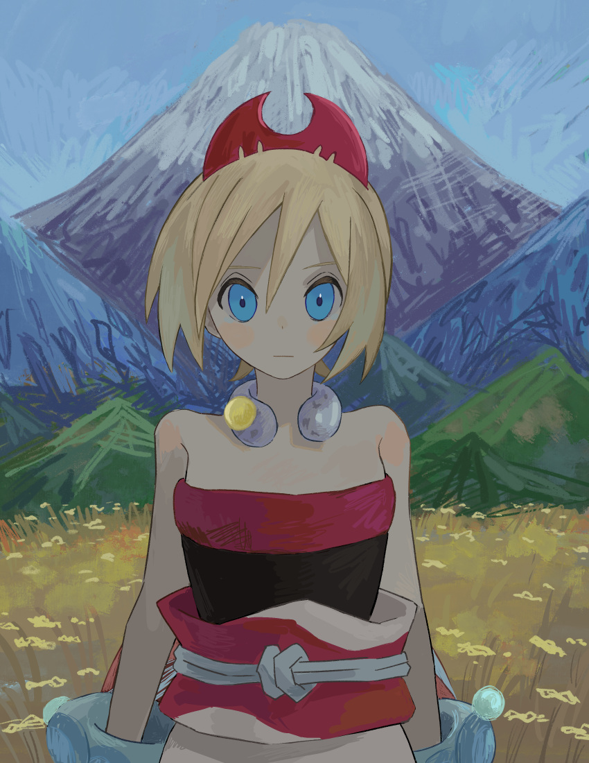 1girl absurdres arm_wrap blonde_hair blue_eyes blue_sky closed_mouth cropped_arms cropped_torso field grass hair_between_eyes hairband highres irida_(pokemon) jewelry looking_at_viewer mount_fuji mountain mountainous_horizon nature neck_ring nishinori_(24no71) pearl_clan_outfit pokemon pokemon_(game) pokemon_legends:_arceus red_hairband red_shirt sash scenery shirt short_hair sky solo strapless strapless_shirt upper_body
