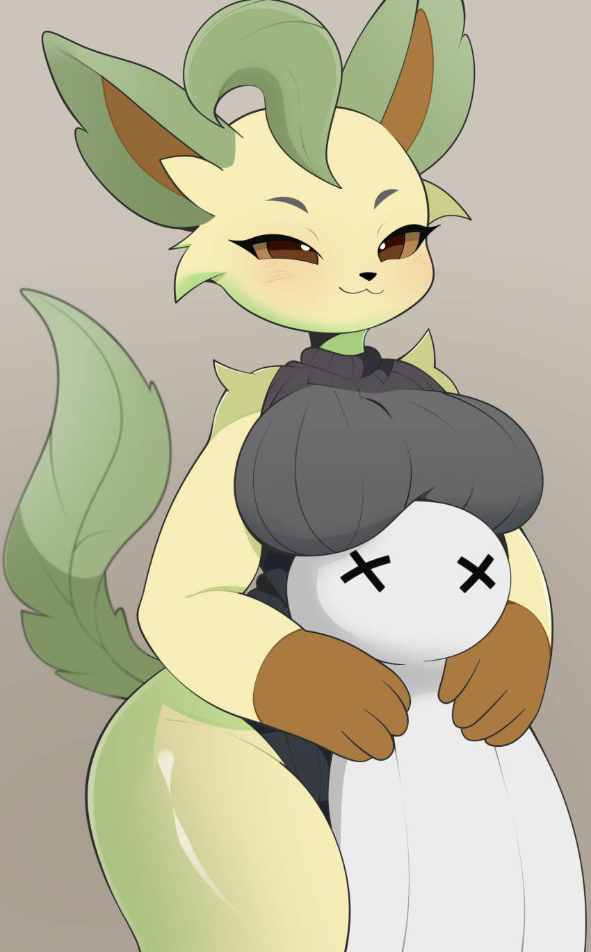 absurd_res ambiguous_gender anthro big_breasts boob_hat breasts clothing duo eeveelution female front_view generation_4_pokemon hi_res human human_on_anthro interspecies larger_female leaf_tail leafeon mammal meme meme_clothing nintendo pokemon pokemon_(species) sadbox10 simple_background size_difference smile standing sweater tail tan_body thick_thighs topwear virgin_killer_sweater x_eyes