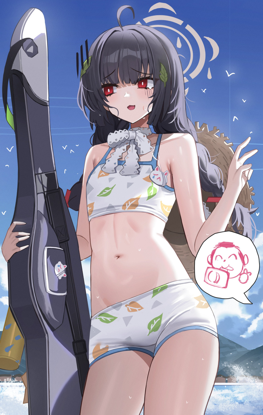 1girl absurdres ahoge arona's_sensei_doodle_(blue_archive) averting_eyes bare_shoulders bikini bikini_top_only black_hair blue_archive blue_sky blunt_bangs breasts cleavage commentary flat_chest gloom_(expression) groin halo highres jeze leaf_print long_hair midriff miyu_(blue_archive) miyu_(swimsuit)_(blue_archive) navel neck_ribbon nervous ocean official_alternate_costume official_alternate_hairstyle red_eyes ribbon sensei_(blue_archive) shorts sky solo_focus sweat sweating_profusely swimsuit tearing_up v weapon_case white_bikini white_shorts