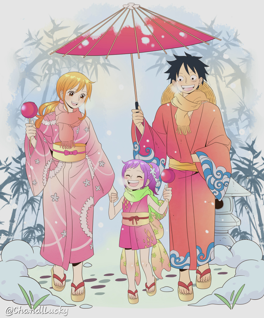 1boy 2girls absurdres bamboo bare_shoulders black_eyes black_hair blush_stickers breath candy_apple chandllucky child closed_eyes earrings floral_print food full_body green_scarf hair_ornament hat headwear_removed high_ponytail highres holding holding_food holding_hands holding_umbrella japanese_clothes jewelry kimono light_blush long_hair long_sleeves looking_at_another low_ponytail monkey_d._luffy multiple_girls nami_(one_piece) obi official_alternate_costume official_alternate_hairstyle oil-paper_umbrella one_piece open_mouth orange_eyes orange_hair orange_scarf outdoors pearl_earrings pink_kimono print_kimono purple_hair red_kimono red_scarf sandals sash scar scar_on_cheek scar_on_face scarf short_hair short_kimono sidelocks single_sidelock sleeveless sleeveless_kimono smile snow snowing straw_hat tama_(one_piece) teeth twitter_username umbrella upper_teeth_only walking wide_sleeves