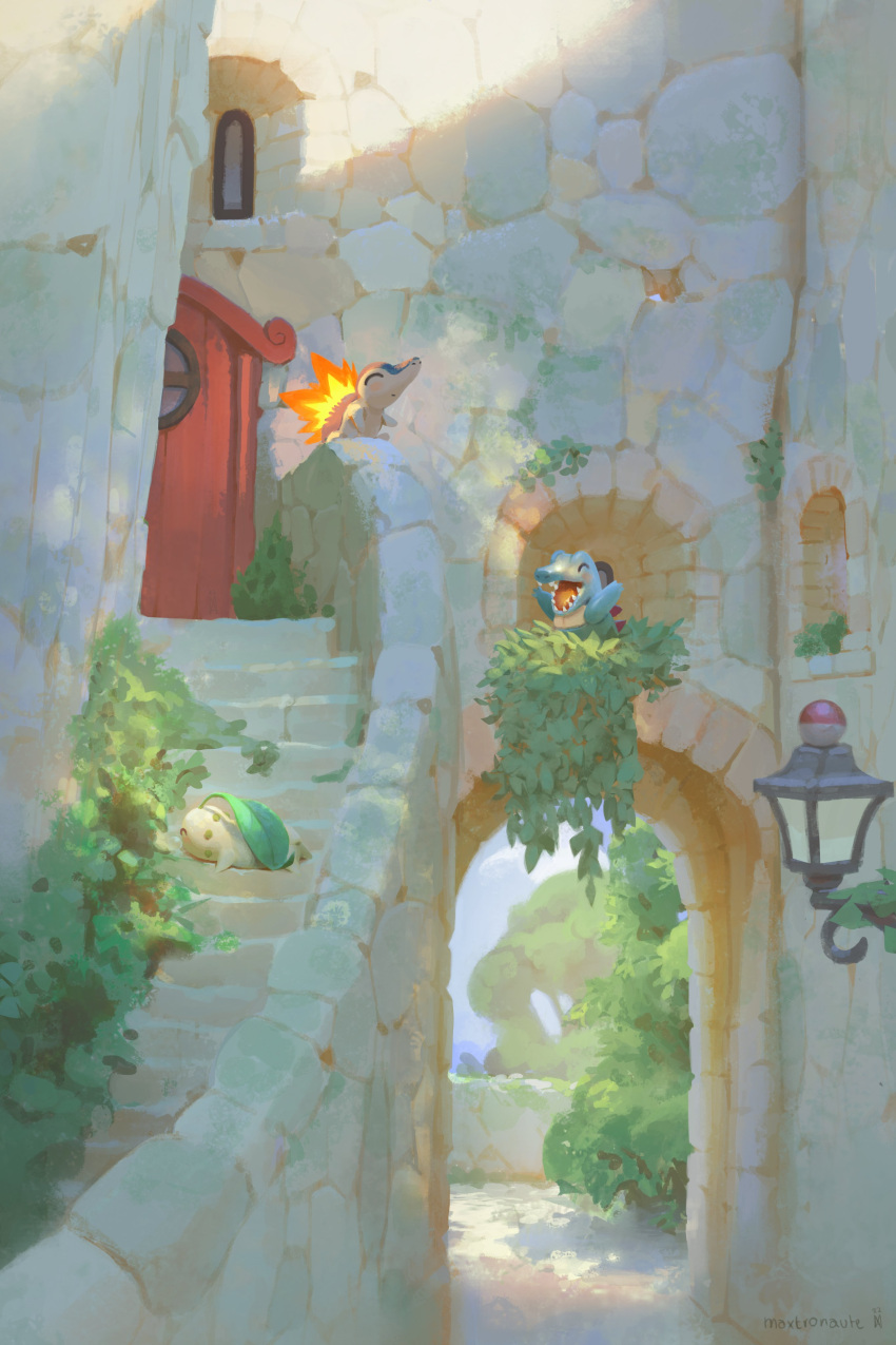 absurdres artist_name building chikorita closed_eyes cyndaquil door european_architecture highres leaf maxtronaute no_humans open_mouth plant pokemon pokemon_(creature) smile stairs starter_pokemon_trio stone_stairs totodile wall_lamp watermark