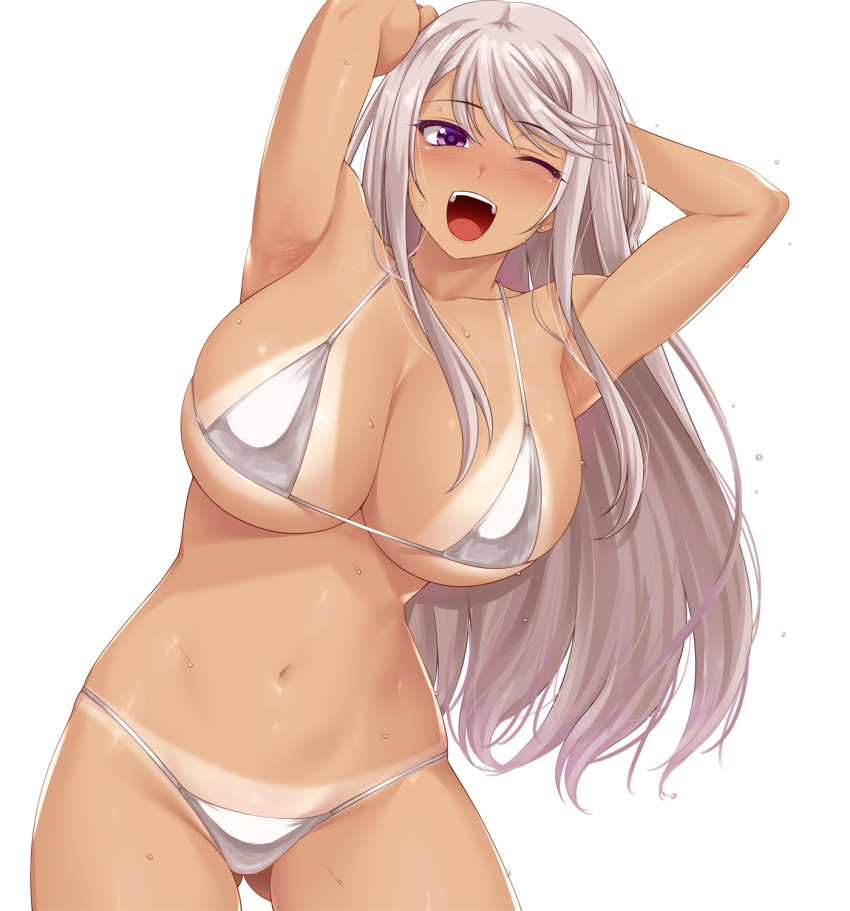 1girl armpits arms_behind_head arms_up bare_shoulders bikini blush breasts cleavage collarbone grey_hair highres large_breasts long_hair looking_at_viewer namidame navel open_mouth original purple_eyes sidelocks silver_bikini solo swimsuit tan tanlines thighs