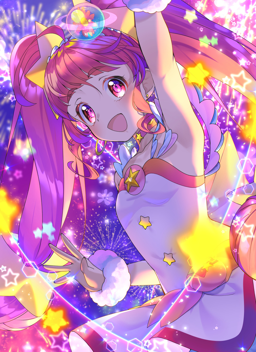 1girl :d absurdres ahoge arm_up blunt_bangs choker cure_star dress earrings fur_cuffs hair_ornament highres hoop_earrings hoshina_hikaru jewelry long_hair looking_at_viewer magical_girl open_mouth pink_choker pink_dress pink_eyes pink_hair planet_hair_ornament precure smile solo star_(symbol) star_choker star_hair_ornament star_twinkle_precure twintails very_long_hair wrist_cuffs yupiteru