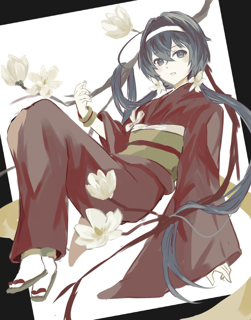 1girl black_eyes black_hair branch bungou_stray_dogs flower full_body hair_flower hair_ornament hairband hand_up highres izumi_kyouka_(bungou_stray_dogs) japanese_clothes jellyfish_sz kimono long_hair long_sleeves low_twintails red_kimono sandals sleeves_past_wrists smile solo twintails white_background white_flower white_hairband wide_sleeves wristband
