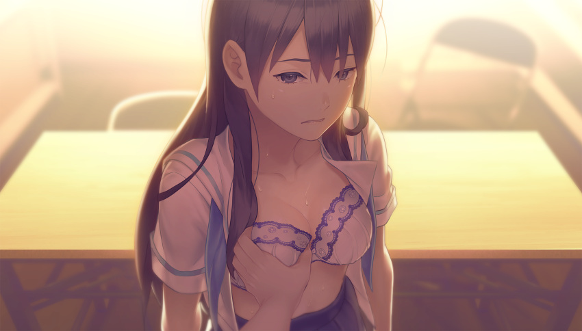 1girl blue_neckerchief blurry blurry_background bra breasts brown_hair cleavage closed_mouth collarbone collared_shirt game_cg grabbing grabbing_another's_breast grey_eyes hair_between_eyes hamashima_shigeo highres indoors konomi_naruko long_hair looking_at_viewer medium_breasts minikui_mojika_no_ko neckerchief pleated_skirt pov sailor_collar sailor_shirt school_uniform serafuku shirt skirt straight_hair sweatdrop underwear upper_body very_long_hair white_bra white_sailor_collar white_serafuku white_shirt