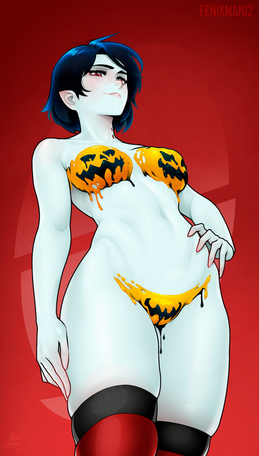 1girl absurdres adventure_time artist_name blue_hair bodypaint breasts colored_skin commentary cowboy_shot fenixman12 from_below grey_skin hand_on_own_hip highres jack-o'-lantern_print marceline_abadeer medium_breasts medium_hair naked_paint navel pointy_ears red_background red_eyes skindentation smile solo thighhighs