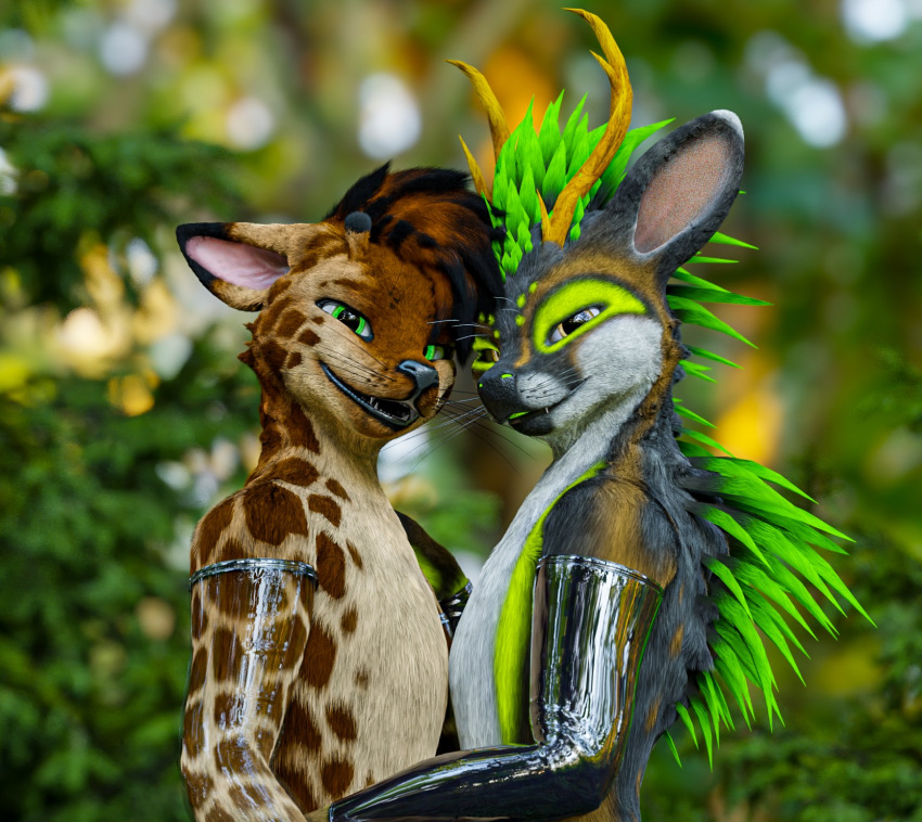 ambiguous_gender antlers clothing deer duo embrace feathers fur green_body green_eyes green_feathers hand_holding hand_on_shoulder hi_res horn hug hyena kiwidox latex_clothing male mammal multicolored_body multicolored_fur orange_antlers rexouium translucent translucent_clothing yellow_eyes