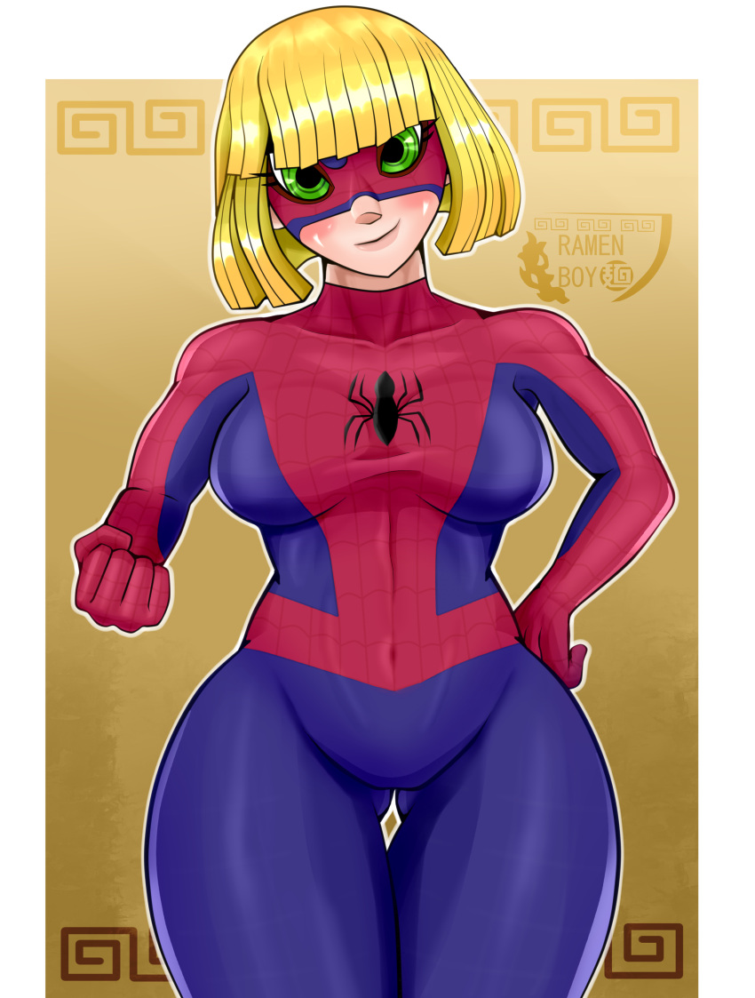 1girl absurdres arms_(game) blonde_hair blush bug cosplay food green_eyes highres marvel mask min_min_(arms) nintendo_switch noodles ramen ramenboy17 short_hair smile solo spider spider-man