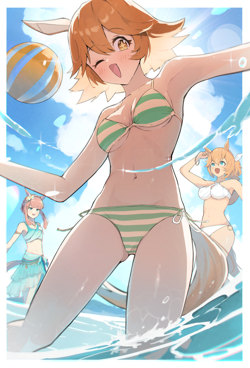 +_+ 3girls :d ;d absurdres alternate_costume animal_ears aqua_eyes ball beachball bikini blue_eyes blunt_tresses blush braid breasts brown_eyes crown_braid ear_covers flipped_hair flower flower_on_chest gradient_bikini green_bikini green_sarong hair_between_eyes hair_flower hair_ornament hair_ribbon highres horse_ears horse_girl horse_tail light_brown_hair looking_at_viewer matikanefukukitaru_(umamusume) medium_breasts midriff multiple_girls navel no_842 official_alternate_costume official_alternate_hairstyle one_eye_closed orange_hair partially_submerged ponytail ribbon sarong short_hair sidelocks silence_suzuka_(emerald_on_the_waves)_(umamusume) silence_suzuka_(umamusume) smile solo_focus striped striped_bikini summer's_sunlight_fades_to_blue_(umamusume) swimsuit taiki_shuttle_(umamusume) tail two-tone_bikini umamusume white_bikini white_ribbon