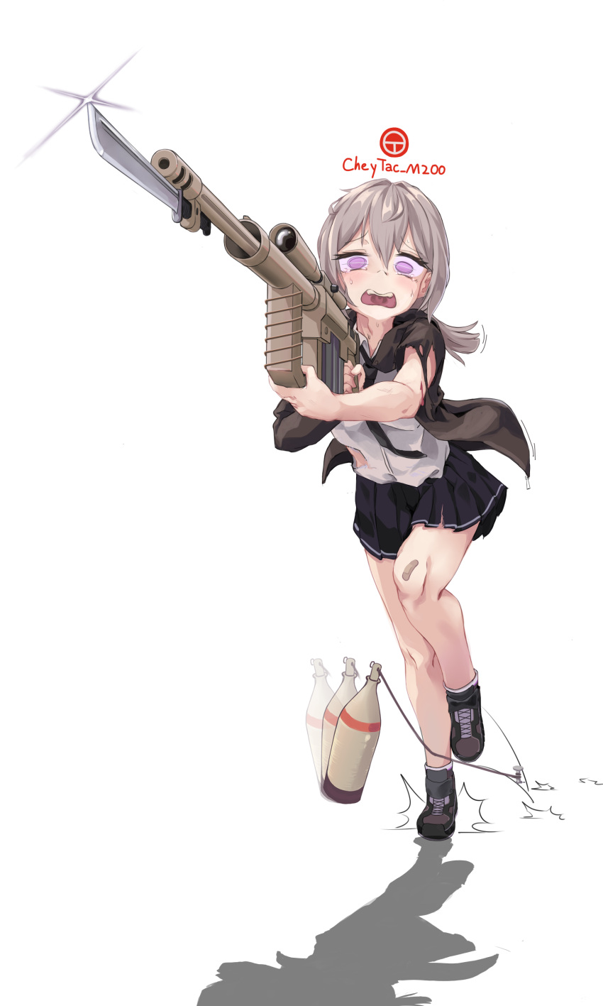 1girl absurdres afterimage bandaid bandaid_on_knee bandaid_on_leg battlefield_(series) battlefield_1 bayonet blonde_hair blue_skirt bolt_action bottle brown_jacket cheytac_m200 collared_shirt crying crying_with_eyes_open english_commentary english_text girls'_frontline grey_hair gun highres holding holding_weapon jacket long_sleeves looking_at_viewer low_ponytail m200_(girls'_frontline) nail open_mouth pleated_skirt purple_eyes rifle scope shirt shoes simple_background skirt sniper_rifle socks solo sparkle tears torn_clothes user_zzhx5244 weapon white_background white_shirt