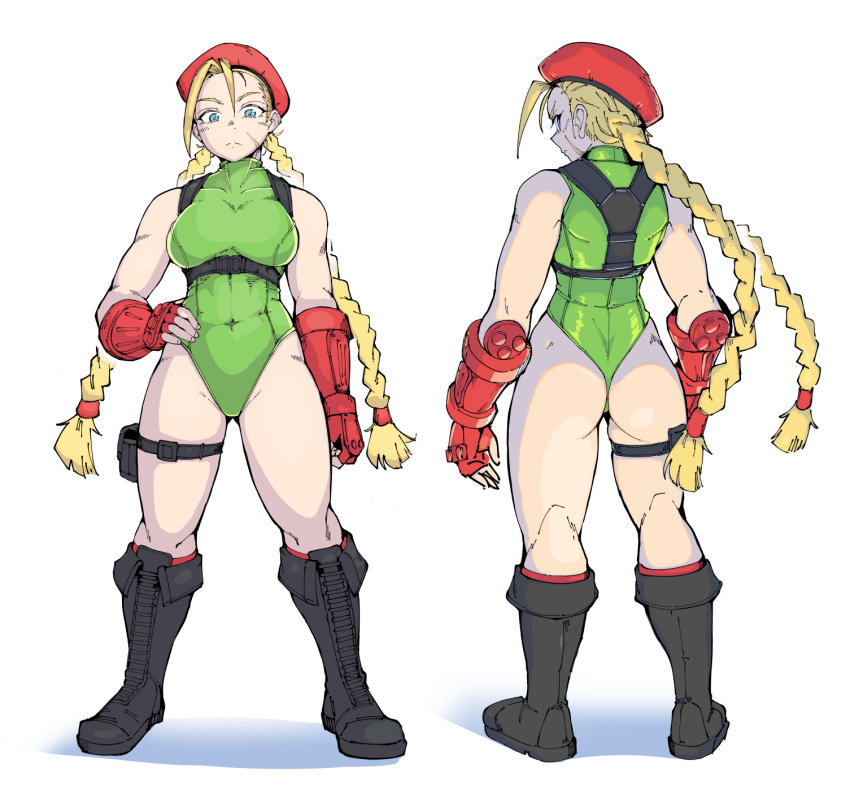 1girl abs beret blonde_hair blue_eyes boots braid breasts cammy_white fingerless_gloves front_and_back gloves hand_on_own_hip hat highres large_breasts leotard nexas scar scar_on_face solo street_fighter street_fighter_6 thigh_pouch toned turtleneck twin_braids white_background