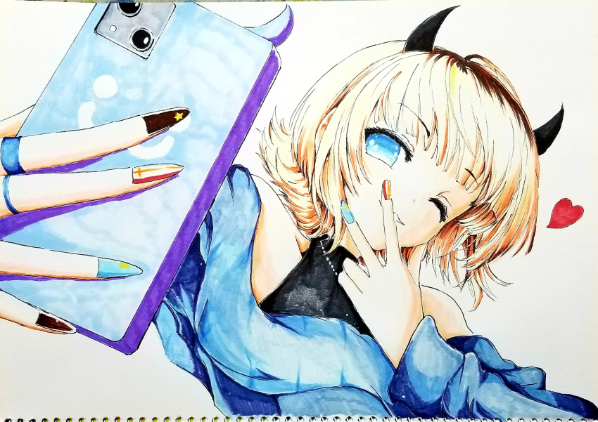 1girl bare_shoulders blonde_hair blue_eyes blue_sweater cellphone commentary demon_horns heart highres holding holding_phone horns jewelry long_sleeves marker_(medium) memcho multicolored_nails multiple_rings nail_polish no_pupils off-shoulder_sweater off_shoulder one_eye_closed oshi_no_ko phone ring selfie short_hair simple_background smartphone smartphone_case smile solo sweater traditional_media upper_body urumashi-03301980 w white_background wings