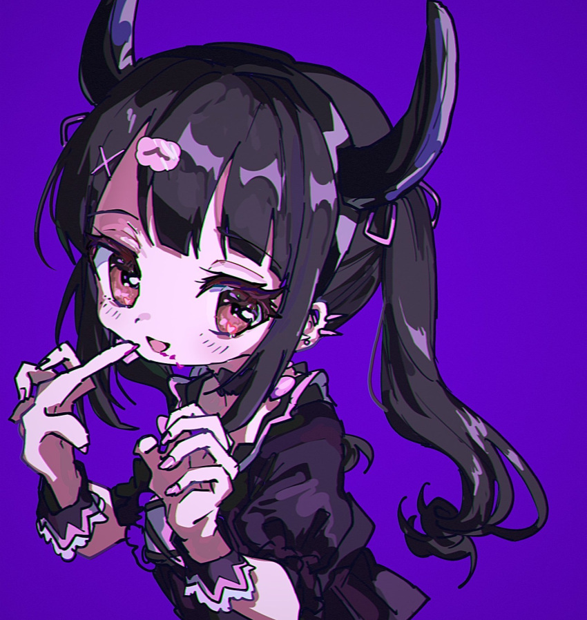 1girl black_hair black_hairband blood blood_on_face blunt_bangs blush brown_eyes commentary_request demon_horns denonbu dress ear_piercing ema_(oekakidaisukinahito) fake_horns hair_ornament hair_ribbon hairband hands_up highres horns long_hair looking_at_viewer nail_polish open_mouth piercing pink_nails pink_ribbon puffy_short_sleeves puffy_sleeves purple_background purple_dress reml ribbon short_sleeves simple_background smile solo twintails upper_body wrist_cuffs x_hair_ornament