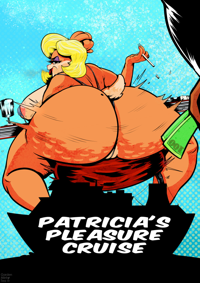 absurd_res anthro big_breasts big_butt blonde_hair breasts butt cel_shading cellulite duo female fur gardenminttea group hair hi_res huge_breasts huge_butt human human_on_anthro interspecies lagomorph leporid lips looney_tunes makeup male male/female mammal markings mole_(marking) orange_body orange_fur patricia_bunny prostitution rabbit screentone shaded smoking the_looney_tunes_show thick_bottom_lip warner_brothers