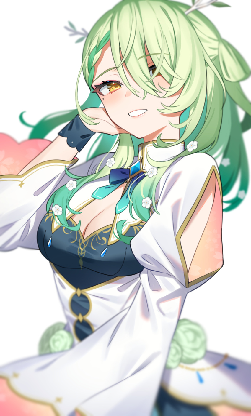 1girl antlers blurry blush braid braided_bangs branch breasts ceres_fauna cleavage commentary_request cowboy depth_of_field dress flower green_flower green_hair green_rose gukurosawa01 hair_flower hair_ornament hair_over_one_eye highres hololive hololive_english jewelry large_breasts long_hair looking_at_viewer medium_breasts mole mole_under_eye petals rose simple_background smile solo virtual_youtuber white_background white_dress wide_sleeves yellow_eyes