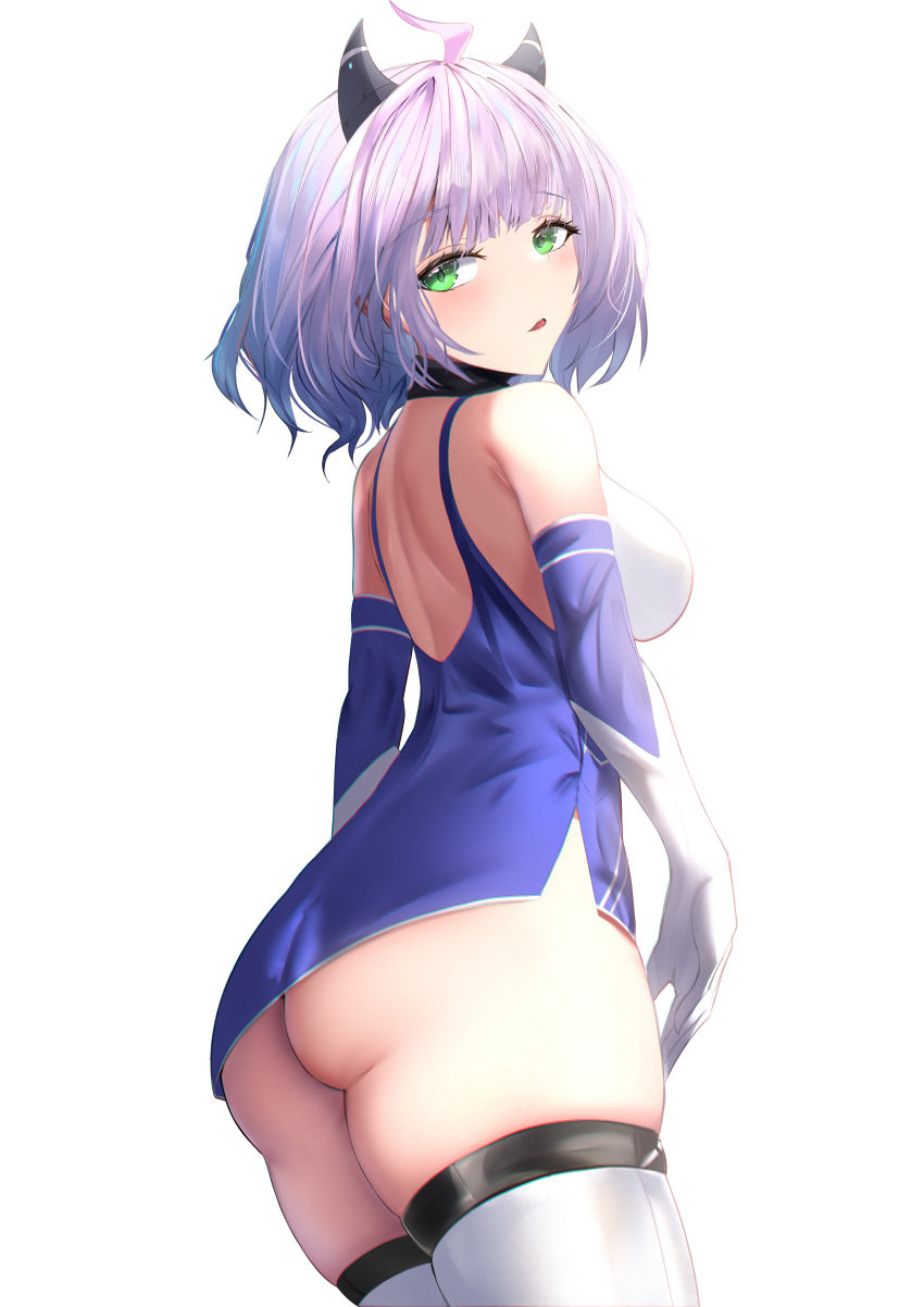 1girl absurdres ahoge ass azur_lane back blue_hair breasts dress elbow_gloves from_behind gloves gradient_hair green_eyes highres horns houston_(azur_lane) houston_ii_(azur_lane) looking_at_viewer looking_back medium_breasts medium_hair multicolored_hair no_panties open_mouth pascalza123 skindentation solo standing strapless strapless_dress thighhighs thighs white_background white_thighhighs zettai_ryouiki