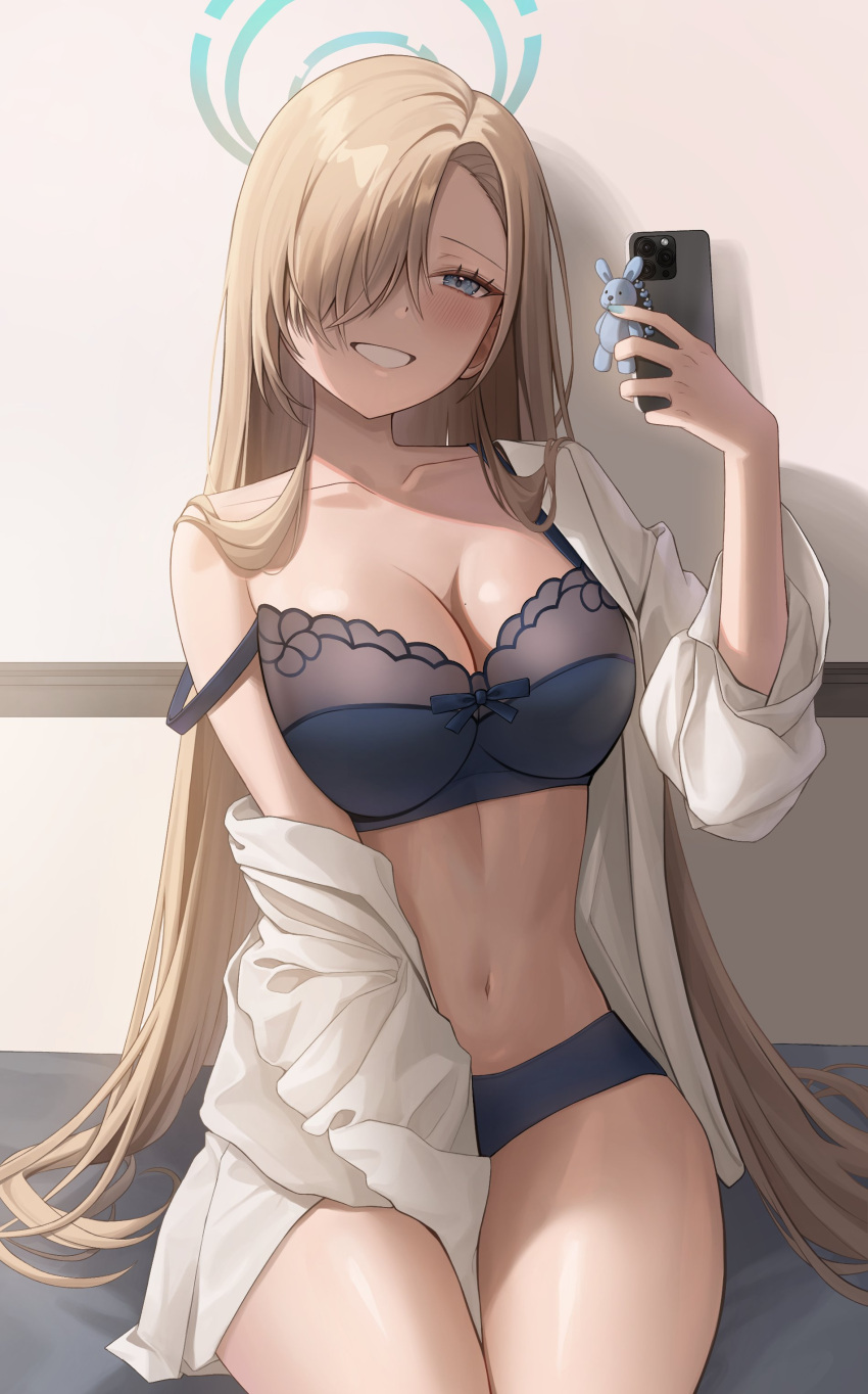 1girl absurdres asuna_(blue_archive) between_legs black_bra black_panties blue_archive blue_eyes blue_halo blush bra breasts cellphone cleavage commentary cowboy_shot dress_shirt eyelashes hair_over_one_eye halo hand_between_legs highres holding holding_phone indoors kangse415 keychain large_breasts light_brown_hair long_hair mole mole_on_breast navel off_shoulder one_eye_covered open_clothes open_shirt panties parted_bangs parted_lips phone rabbit_keychain selfie shadow shirt sitting smartphone smile solo stomach straight_hair strap_slip underwear very_long_hair white_shirt