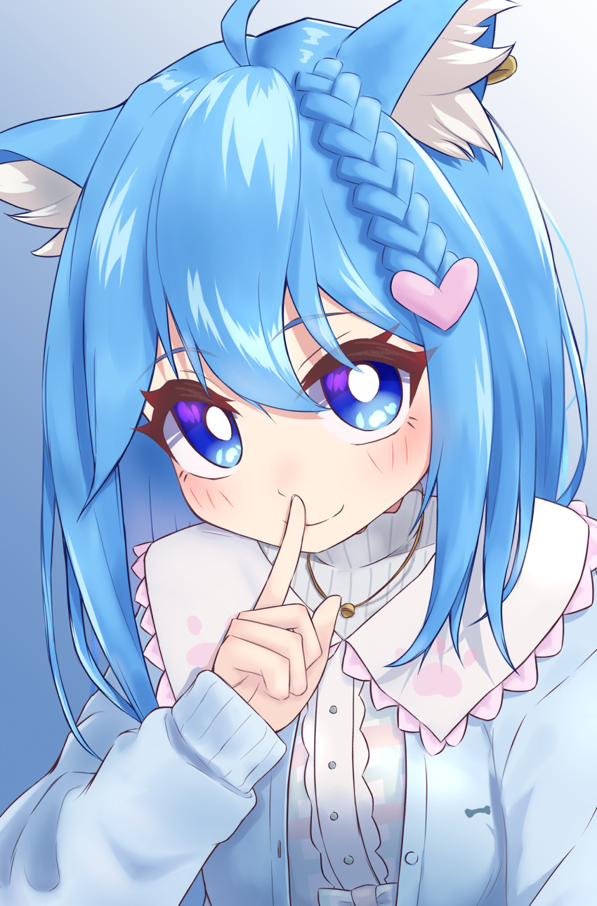 1girl ahoge animal_ear_fluff animal_ears blue_background blue_eyes blue_hair blue_sweater blush braid bright_pupils cat_ears center_frills closed_mouth commentary_request finger_to_mouth frilled_shirt_collar frills gradient_background grey_background hair_between_eyes hair_ornament heart heart_hair_ornament highres jewelry long_hair long_sleeves looking_at_viewer medium_bangs nanashi_inc. necklace paw_print shirt single_braid smile solo souya_ichika sweater upper_body virtual_youtuber white_pupils white_shirt yaaamta