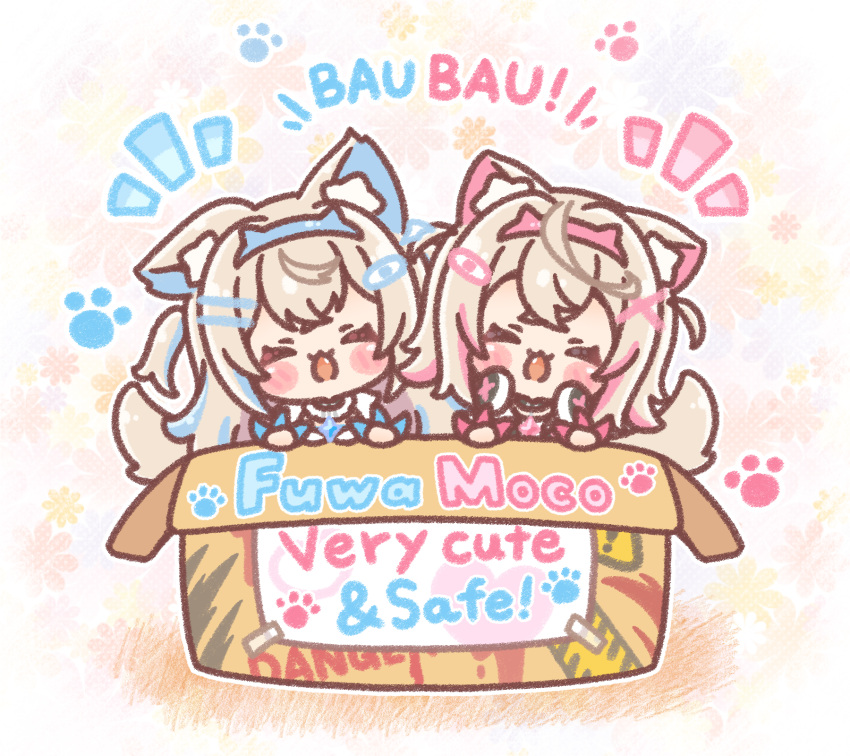 2girls animal_collar animal_ear_fluff animal_ears bandaid_hair_ornament black_collar blonde_hair blue_hair blue_hairband box cardboard_box chibi closed_eyes collar crossed_bangs dog_ears dog_girl dog_tail double-parted_bangs fake_horns fang fur-trimmed_jacket fur_trim fuwawa_abyssgard hair_between_eyes hair_intakes hair_ornament hairband hairclip headphones headphones_around_neck highres hololive hololive_english horns in_box in_container jacket long_hair mitarashi_neko mococo_abyssgard multicolored_hair multiple_girls open_mouth pink_hair pink_hairband short_hair siblings sisters smile streaked_hair tail twins two_side_up virtual_youtuber x_hair_ornament