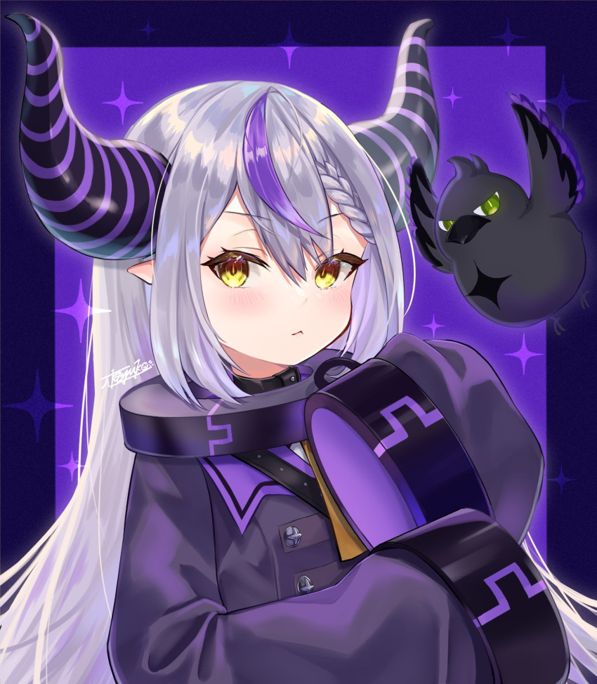 1girl :&lt; ascot black_horns braid braided_bangs coat coat_dress collar crow_(la+_darknesss) demon_horns grey_hair highres hololive horns la+_darknesss la+_darknesss_(1st_costume) long_hair looking_at_viewer metal_collar multicolored_hair pi_tayuko pointy_ears purple_coat purple_hair sleeves_past_fingers sleeves_past_wrists solo streaked_hair striped_horns virtual_youtuber yellow_ascot yellow_eyes