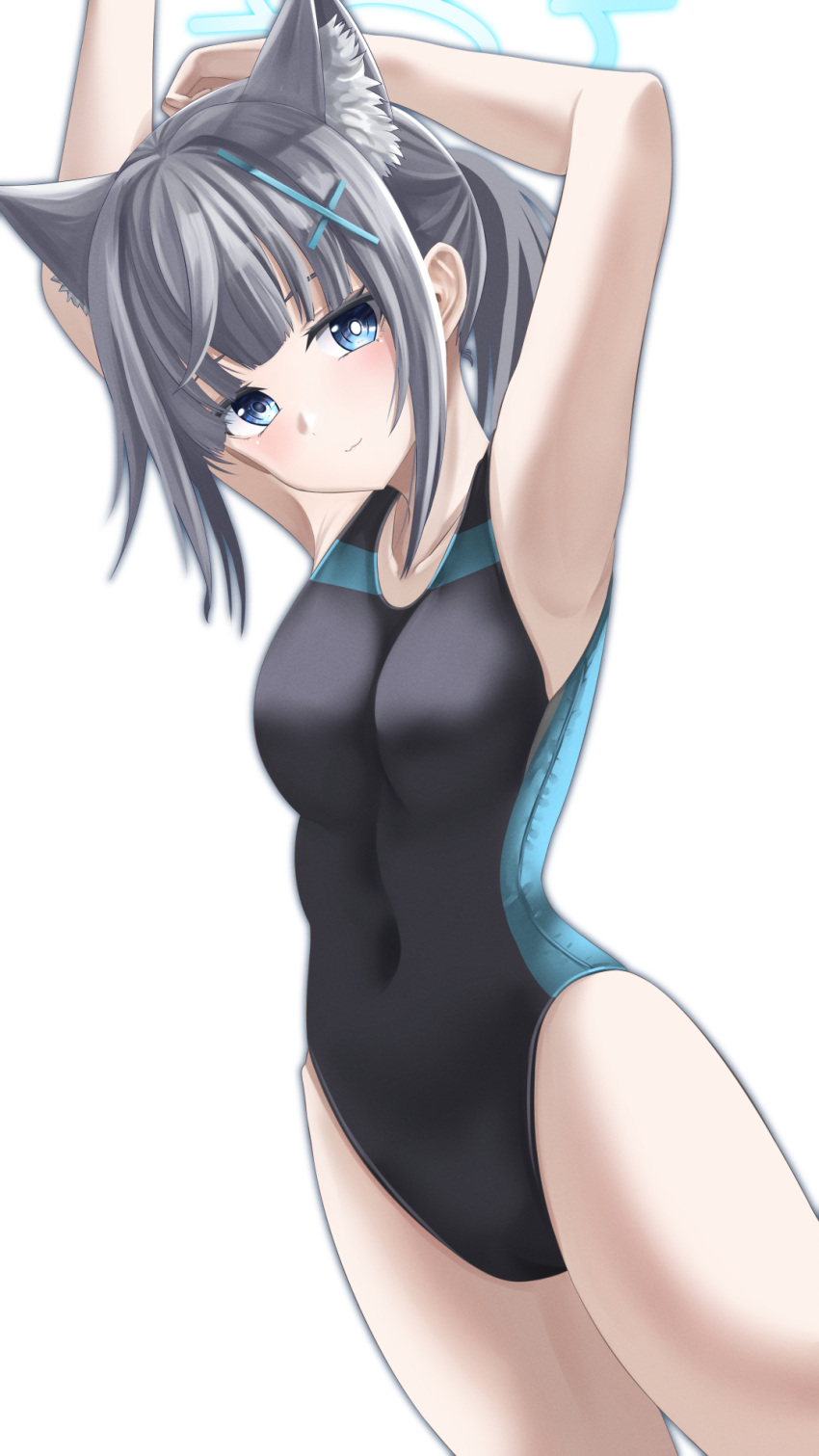 1girl animal_ear_fluff animal_ears arms_behind_head black_one-piece_swimsuit blue_archive blue_eyes breasts competition_swimsuit covered_navel cowboy_shot cross_hair_ornament extra_ears grey_hair hair_ornament halo highres looking_at_viewer low_ponytail medium_breasts medium_hair mismatched_pupils multicolored_clothes multicolored_swimsuit official_alternate_costume one-piece_swimsuit shiroko_(blue_archive) shiroko_(swimsuit)_(blue_archive) solo swimsuit totororo wolf_ears