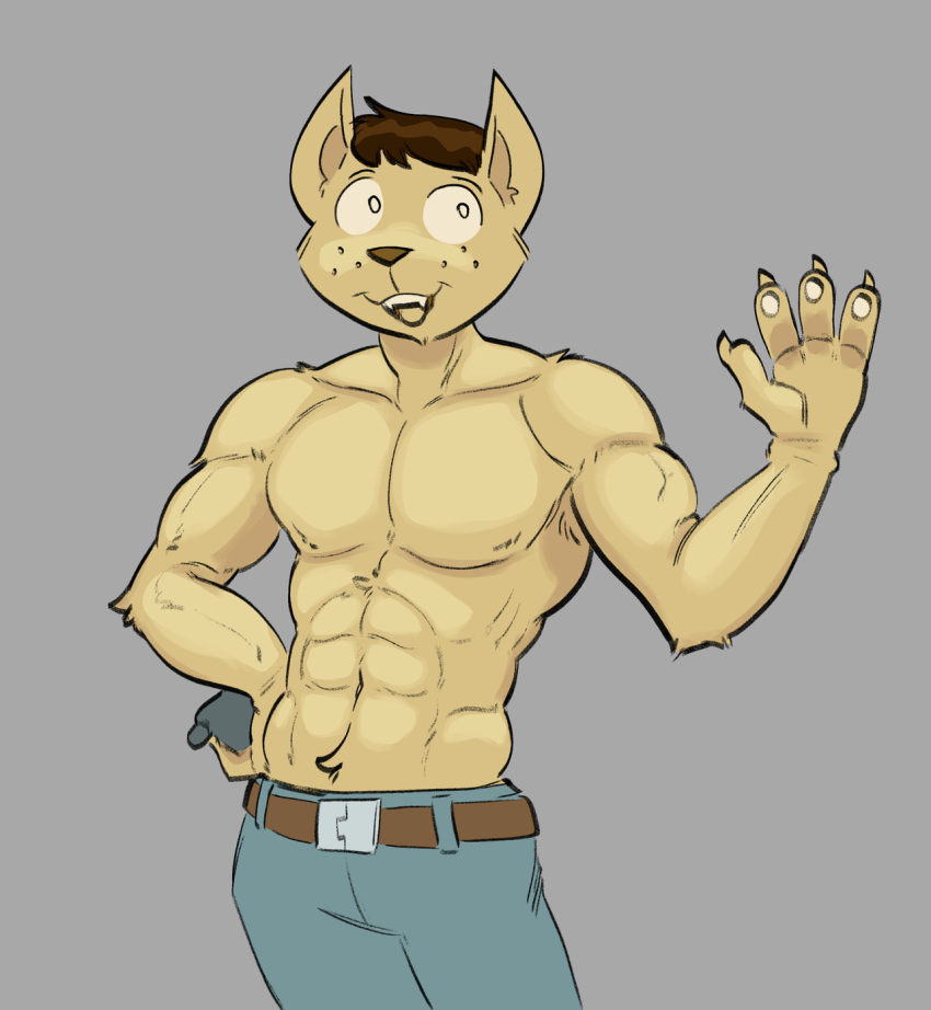 2023 4_fingers a_kitty_bobo_show abs anthro arm_tuft arms_bent athletic athletic_anthro athletic_male belt belt_buckle big_eyes biped black_eyebrows blue_bottomwear blue_clothing blue_jeans blue_pants bottomwear brown_belt brown_hair brown_nose claws clothed clothing crotch_tuft denim denim_clothing digital_drawing_(artwork) digital_media_(artwork) domestic_cat elbow_tuft eyebrows fangs felid feline felis finger_claws fingers freckles freckles_on_face front_view fur fur_tuft gesture grey_background hair hand_on_hip hand_on_own_hip hi_res inner_ear_fluff jeans kitty_bobo looking_at_viewer male male_anthro mammal open_mouth open_smile pants portrait pose prick_ears short_hair shoulder_tuft simple_background smile smiling_at_viewer solo standing stupidgnoll tan_body tan_claws tan_ears tan_fur teeth three-quarter_portrait topless topless_anthro topless_male tuft waving waving_at_viewer white_eyes