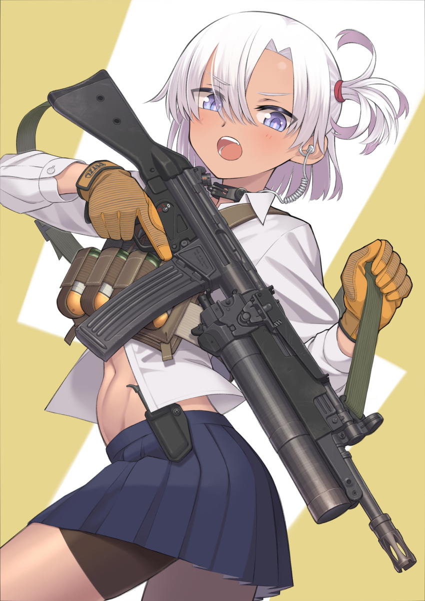 1girl blue_eyes blue_skirt dark-skinned_female dark_skin from_below gloves grenade_launcher gun h&amp;k_mp5 highres open_mouth original samaru_(seiga) school_uniform shirt skirt solo stomach submachine_gun trigger_discipline underbarrel_grenade_launcher weapon white_hair white_shirt yellow_gloves