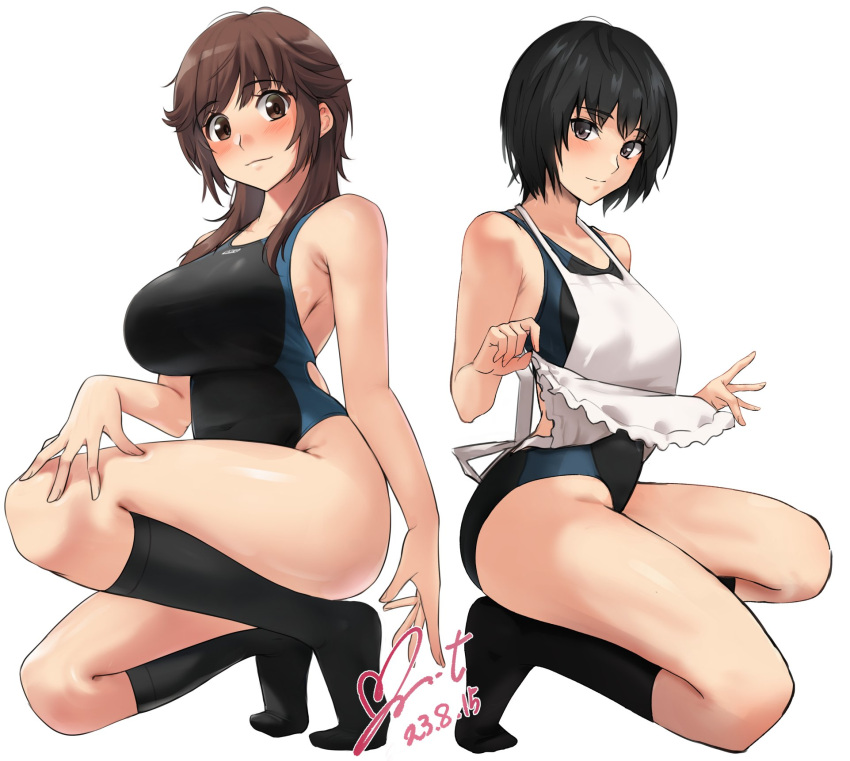 :3 amagami apron apron_lift arm_at_side artist_name black_hair black_one-piece_swimsuit black_socks blue_one-piece_swimsuit blush breasts brown_eyes brown_hair closed_mouth commentary commission competition_swimsuit dated feet full_body hair_over_shoulder hand_on_own_leg heart heel_up highleg highres kneehighs large_breasts legs light_smile long_hair looking_at_viewer messy_hair nanasaki_ai no_shoes nose_blush one-piece_swimsuit pixiv_commission sakurai_rihoko shadow short_hair sidelocks signature simple_background smile socks squatting swimsuit thighs tiptoes toes two-tone_swimsuit white_apron white_background yoo_tenchi