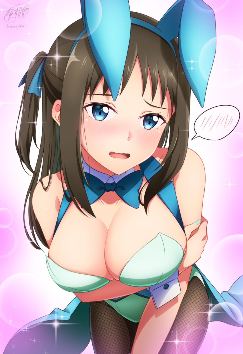1girl animal_ears aqua_leotard blue_bow blue_bowtie blue_eyes blue_hairband blue_ribbon blush bow bowtie breasts brown_hair cleavage collarbone cowboy_shot detached_collar embarrassed fake_animal_ears fishnet_pantyhose fishnets hair_ribbon hairband highres ken-ji large_breasts leaning_forward lens_flare leotard long_hair one_side_up open_mouth pantyhose pink_background playboy_bunny rabbit_ears ribbon ronye_arabel signature solo speech_bubble strapless strapless_leotard sword_art_online sword_art_online:_alicization wavy_mouth wrist_cuffs