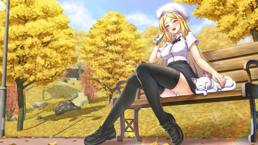 1girl absurdres ass autumn autumn_leaves bench beret black_bow black_bowtie black_footwear black_skirt black_thighhighs blonde_hair blue_sky bottle bow bowtie breasts button_gap cat collared_shirt commission day drinking_straw full_body happy hat highres holding holding_bottle juice korean_commentary lens_flare long_hair looking_at_viewer nomalman open_mouth original outdoors panties park park_bench partially_unbuttoned petting pink_eyes shirt shirt_tucked_in shoes short_sleeves sitting skirt sky smile solo thighhighs tree underwear upskirt white_cat white_headwear white_panties