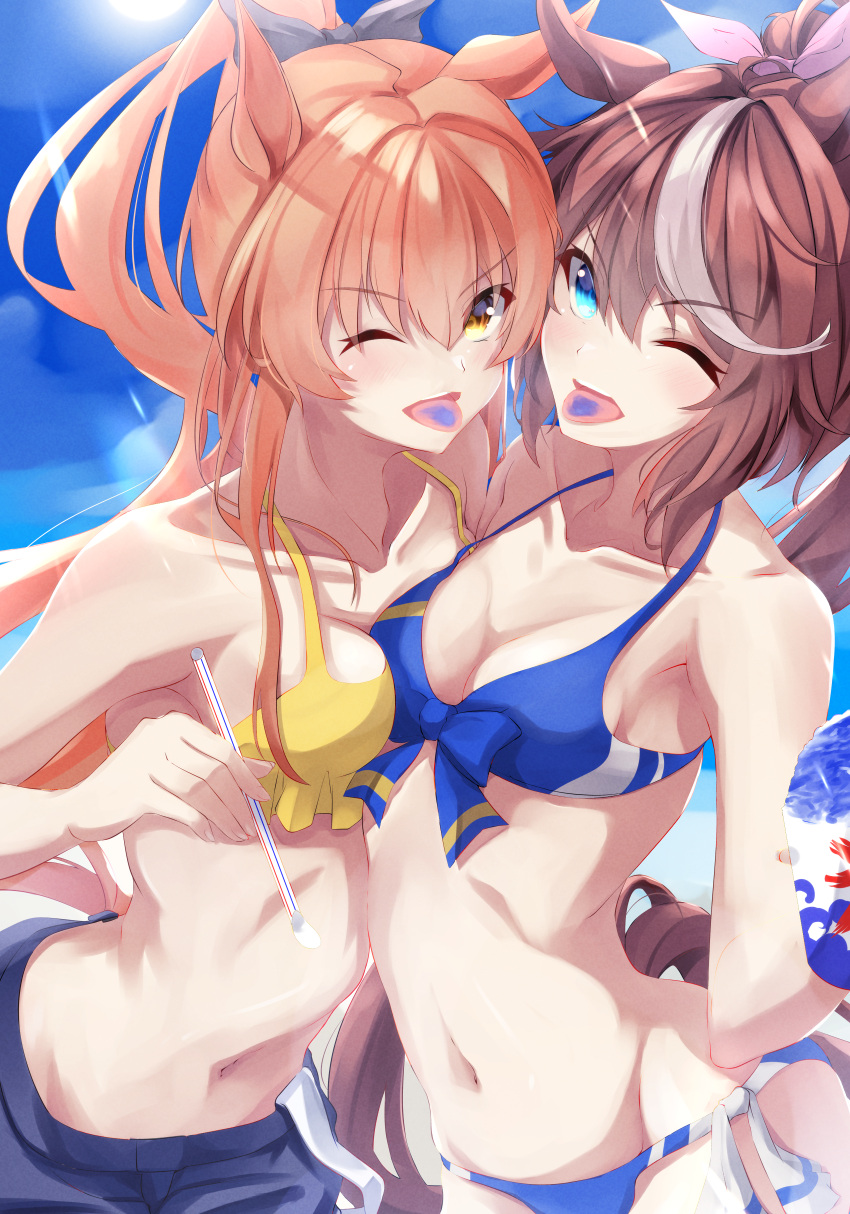 2girls absurdres alternate_costume animal_ears bare_shoulders beach bikini black_bow blue_bikini blue_shorts blue_sky bow breasts brown_hair cleavage collarbone colored_tongue commentary_request food highres holding holding_food holding_spoon horse_ears horse_girl horse_tail long_hair looking_at_viewer mayano_top_gun_(umamusume) multicolored_hair multiple_girls navel nayuta0603 one_eye_closed outdoors pink_bow ponytail shaved_ice shorts sky small_breasts spoon streaked_hair swimsuit tail tokai_teio_(umamusume) tongue tongue_out umamusume very_long_hair white_hair yellow_bikini