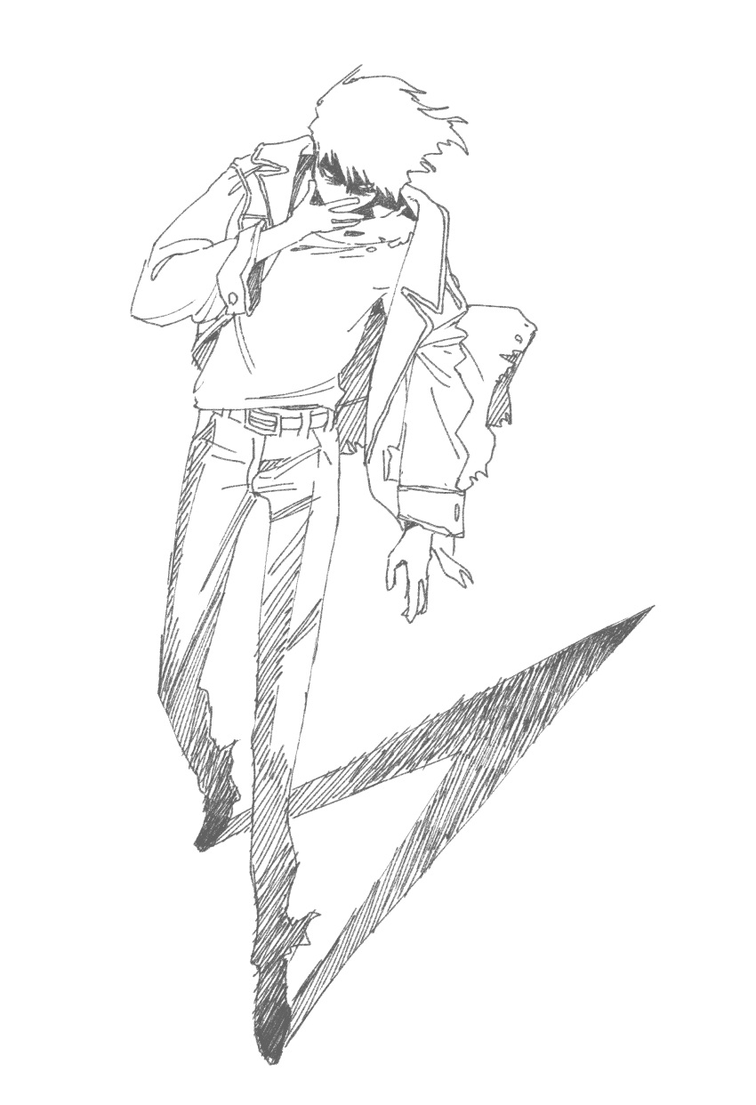 1boy absurdres arm_at_side belt blank_eyes floating_hair full_body greyscale hand_to_own_face hatching_(texture) heel_up highres hori38917164 jacket leaning_to_the_side long_sleeves male_focus monochrome open_clothes open_jacket original pants shaded_face shadow shirt short_hair simple_background solo torn_clothes torn_jacket torn_shirt walking
