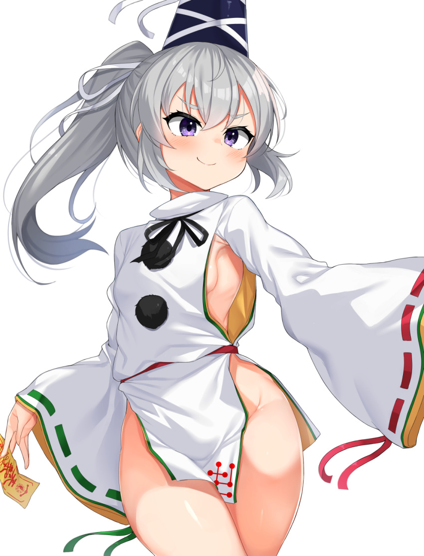 &gt;:) 1girl armpits blush bottomless breasts closed_mouth cowboy_shot daichi_(tokoya) double-parted_bangs grey_hair groin hair_between_eyes hat high_ponytail highres japanese_clothes long_hair long_sleeves looking_to_the_side mononobe_no_futo no_bra purple_hair ribbon ribbon-trimmed_sleeves ribbon_trim sideboob sleeves_past_wrists small_breasts smile solo tate_eboshi touhou v-shaped_eyebrows wide_sleeves