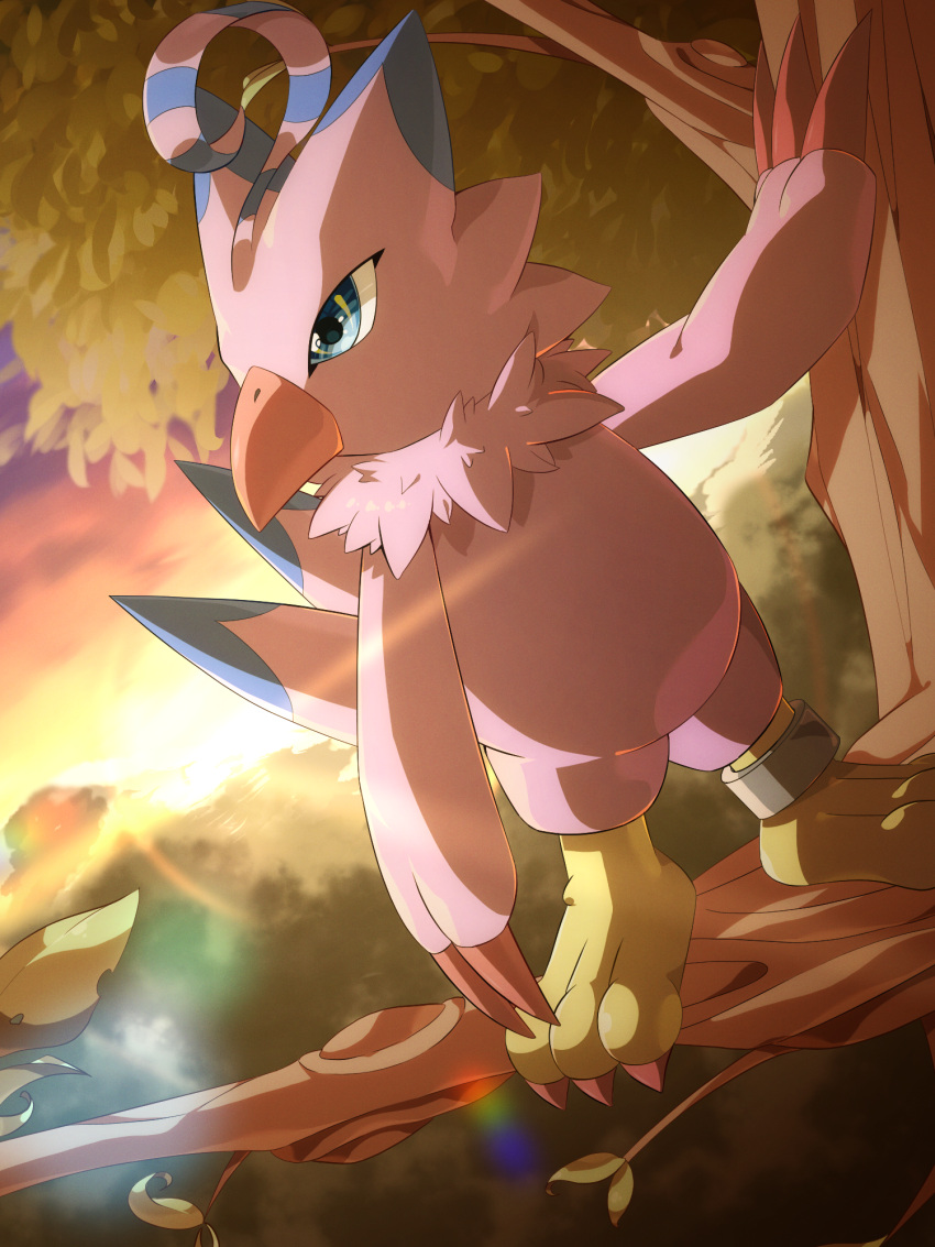 beak bird blue_eyes branch claws digimon digimon_(creature) guoh_ga_gotoku highres in_tree lens_flare looking_to_the_side no_humans outdoors piyomon solo sunset tree wings