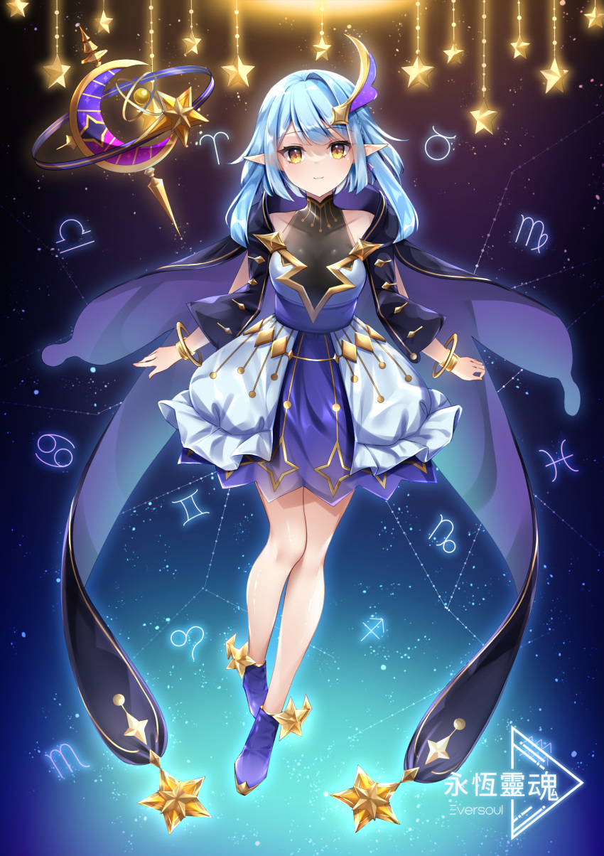 1girl absurdres aries_(zodiac) bare_arms bare_legs bare_shoulders blue_cloak blue_dress blue_footwear blue_hair cancer_(zodiac) capricorn_(zodiac) chinese_commentary chinese_text cloak constellation copyright_name dress eversoul floating frilled_skirt frills full_body gemini_(zodiac) hair_ornament highres hood hooded_cloak jewelry leo_(zodiac) libra_(zodiac) logo looking_at_viewer night night_sky pisces_(zodiac) pointy_ears sagittarius_(zodiac) scorpio_(zodiac) short_hair skirt sky sleeveless smile solo star_(sky) star_(symbol) starry_sky talia_(eversoul) taurus_(zodiac) umou_(may65879) virgo_(zodiac) wristlet yellow_eyes zodiac