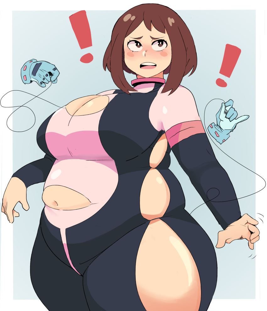 1girl absurdres blue_gloves blush bodysuit boku_no_hero_academia border breasts brown_eyes brown_hair cowboy_shot fat gloves highres huge_breasts long_sleeves looking_away looking_to_the_side medium_hair napolitane navel open_hands open_mouth outside_border sidelocks simple_background solo_focus teeth thick_arms thick_thighs thighs thread torn_clothes unraveling uraraka_ochako white_border