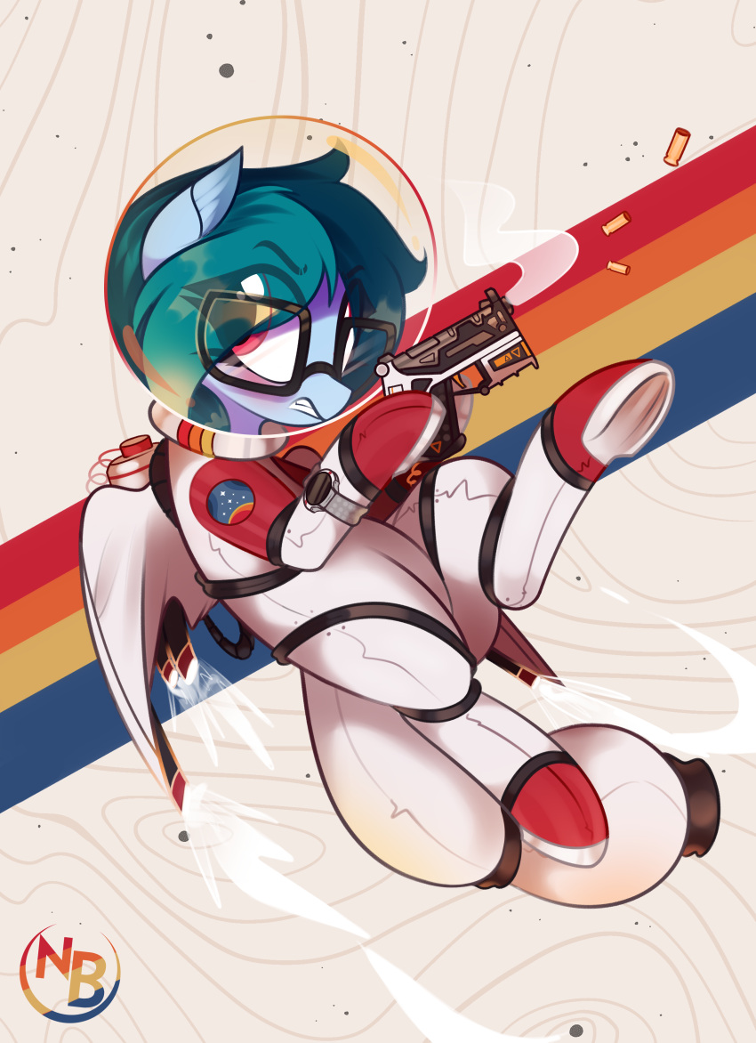 2023 absurd_res ambiguous_gender blush delta_vee digital_media_(artwork) equid eyebrows eyelashes eyewear fan_character feral glasses hasbro hi_res looking_at_viewer mammal my_little_pony nevobaster solo spacesuit weapon
