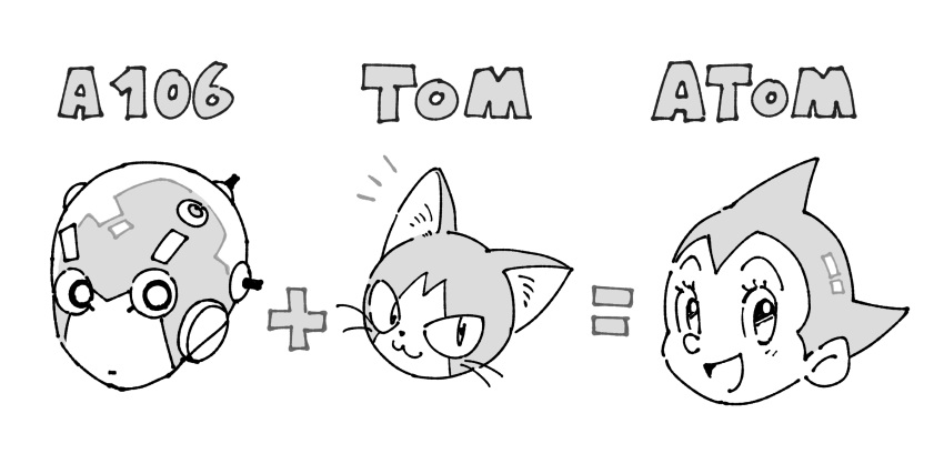 1boy 1other :d a106 android atom:_the_beginning atom_(tetsuwan_atom) cat character_name f14 greyscale highres iyo_(kurumiwarin) monochrome pun robot smile tetsuwan_atom