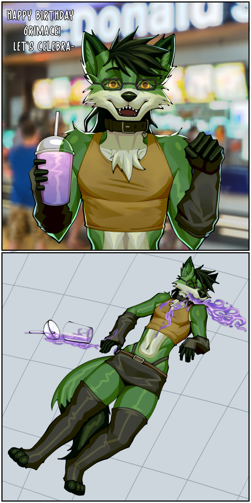 absurd_res anthro beverage corpse fur green_body green_fur grimace_birthday_shake hi_res hybrid mcdonald's milkshake nael_toad_(artist) x_eyes