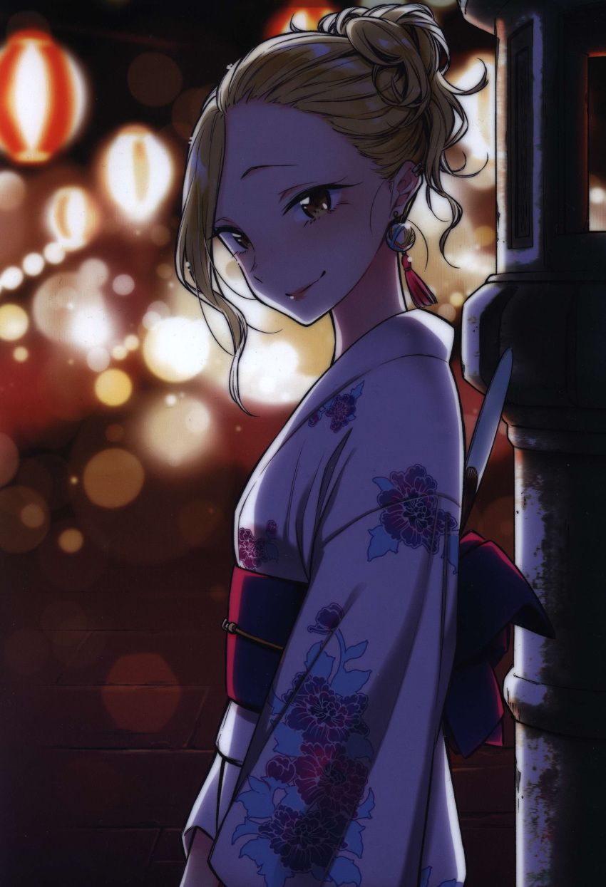 1girl absurdres anjou_(yancha_gal) blonde_hair earrings gold_eyes highres japanese_clothes jewelry kimono lantern looking_at_viewer paper_lantern pink_lips red_ribbon ribbon single_earring smile summer_festival yancha_gal_no_anjou-san yukata yuuichi_katou