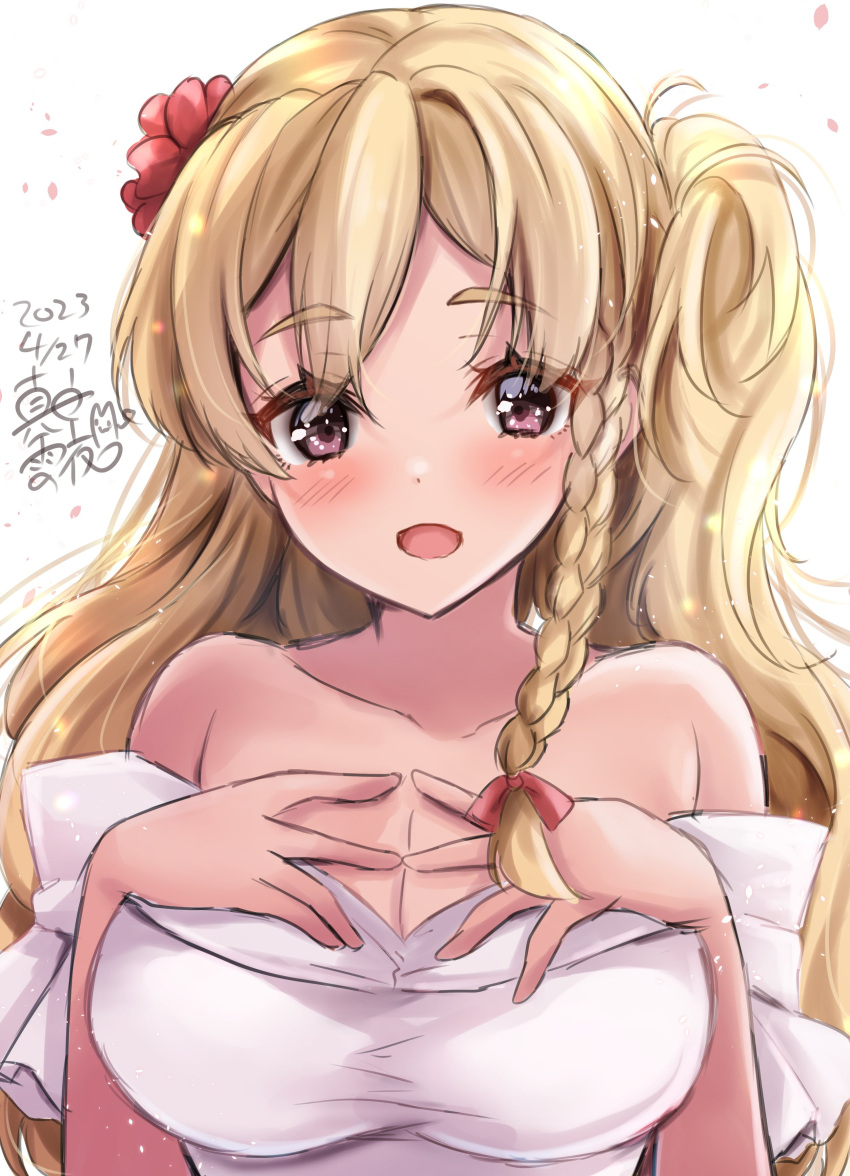 1girl absurdres bare_shoulders blonde_hair blush braid breasts brown_eyes cleavage dated dress french_braid hair_between_eyes highres kantai_collection large_breasts long_hair looking_at_viewer mashiro_yukiya off-shoulder_dress off_shoulder open_mouth signature smile solo upper_body wavy_hair white_dress zara_(kancolle)
