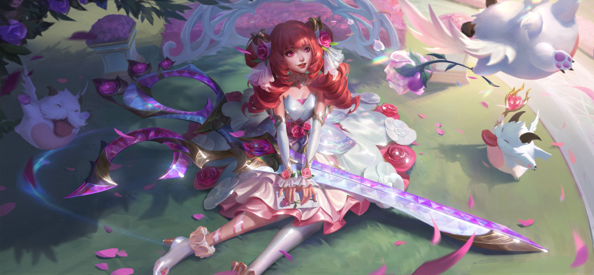 1girl absurdres breasts crystal_rose_gwen day dress drill_hair gwen_(league_of_legends) highres holding holding_scissors large_breasts league_of_legends long_hair official_alternate_costume official_art outdoors oversized_object poro_(league_of_legends) red_hair scissors shiny_clothes smile solo twin_drills twintails