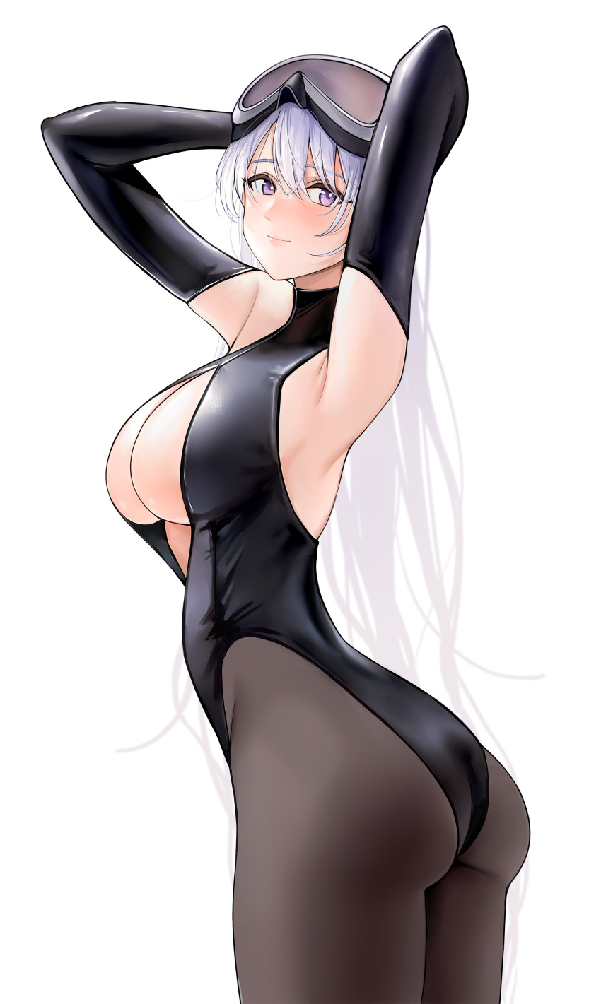 1girl absurdres armpits arms_behind_head arms_up ass azur_lane black_gloves black_leotard black_wetsuit bodysuit breasts brown_pantyhose cl_(summer_sama) closed_mouth diving_suit elbow_gloves enterprise_(azur_lane) enterprise_(diving_under_blue_skies)_(azur_lane) gloves goggles goggles_on_head highres large_breasts leotard long_hair official_alternate_costume pantyhose purple_eyes simple_background solo very_long_hair wetsuit white_background white_hair