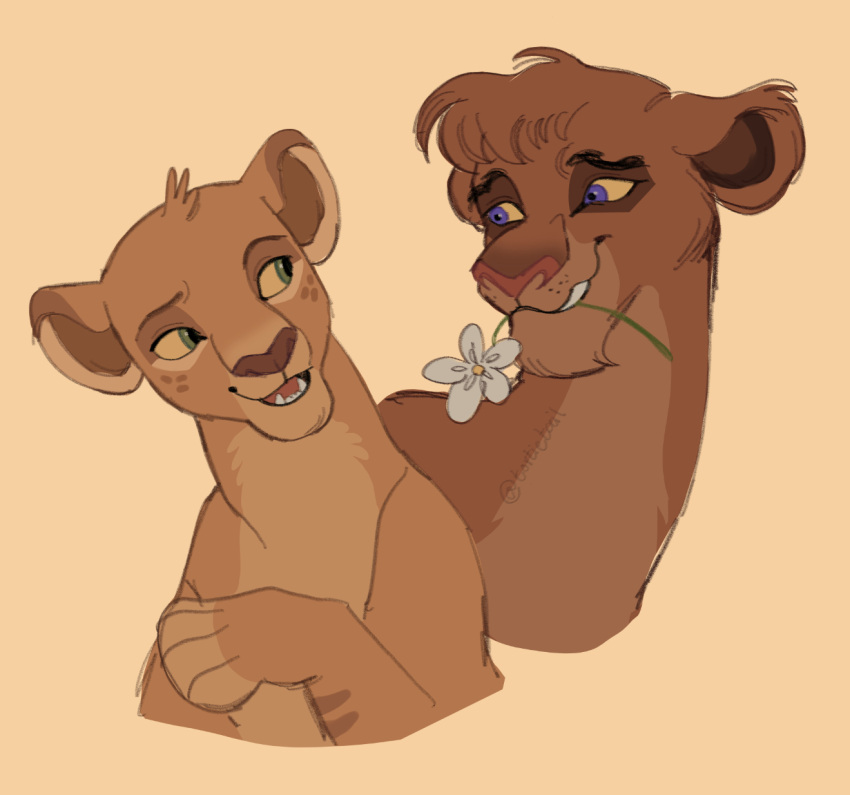 disney duo eye_contact fangs felid female female/female feral flower_in_mouth hi_res lion looking_at_another mammal open_mouth pantherine smile teeth the_lion_guard the_lion_king tiifu_(the_lion_guard) tongue tortietail vitani_(the_lion_king)