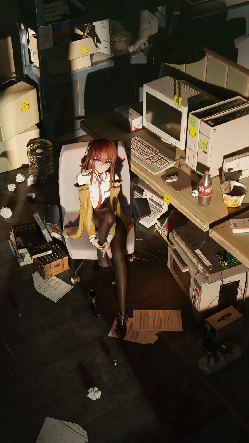 1girl absurdres black_footwear black_pantyhose book book_stack brown_hair brown_jacket chair circuit_board collared_shirt computer crt crumpled_paper cup_ramen desk dr_pepper from_above full_body highres ibn5100 indoors jacket keyboard_(computer) koishi_(hibananana) leg_up long_hair long_sleeves looking_at_viewer looking_up makise_kurisu microwave monitor mouse_(computer) office_chair on_chair pantyhose red_tie shadow shelf shirt shoes single_shoe sitting solo steins;gate swivel_chair trash_can white_shirt wide_shot x68000