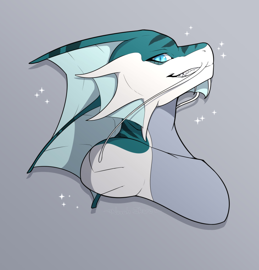 absurd_res anthro aquatic_dragon blue_body blue_eyes blue_scales dragon fin green_body green_scales grey_body head_fin hi_res leviahn male marine novah_ikaro pupils scales side_profile simple_background slit_pupils smile snout solo sparkles stripes teeth whiskers white_body