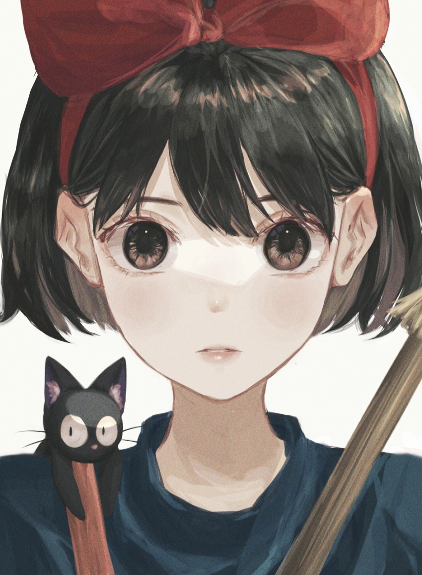 1girl absurdres animal_ear_fluff animal_on_shoulder black_cat black_dress black_hair blush bob_cut bow broom brown_eyes cat cat_on_shoulder close-up commentary constricted_pupils dress english_commentary expressionless eyelashes hair_between_eyes hair_bow hair_ribbon hairband highres holding holding_broom jiji_(majo_no_takkyuubin) kiki_(majo_no_takkyuubin) light_blush lips looking_at_viewer majo_no_takkyuubin mu_ooa parted_lips pink_nose red_bow red_hairband red_ribbon ribbon short_hair simple_background solo strap white_background