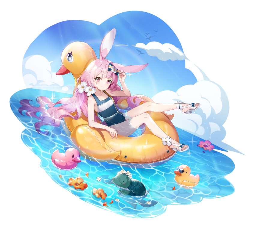 1girl animal_ears bare_arms bare_legs bird blue_one-piece_swimsuit blue_sky bow cloud competition_swimsuit duck duck_innertube duckling eversoul flower full_body game_cg hair_bow hair_flower hair_ornament highres innertube lens_flare long_hair looking_at_viewer looking_to_the_side ocean official_alternate_costume official_alternate_hairstyle official_art one-piece_swimsuit orange_flower pink_eyes pink_flower pink_hair rabbit_ears rabbit_girl sandals sky smile solo soonie_(eversoul) swimsuit tachi-e transparent_background turtle twintails white_flower white_footwear