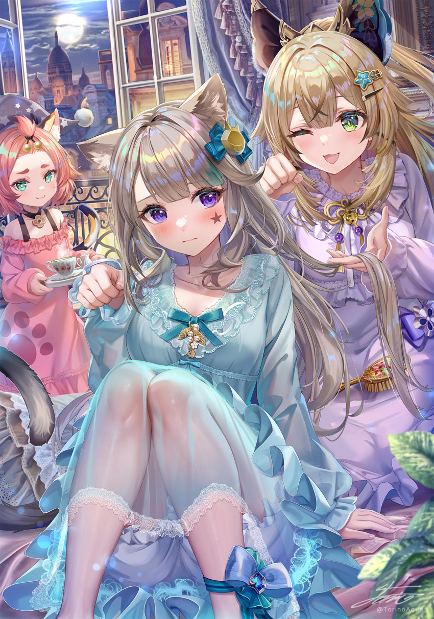 3girls ahoge animal_ear_fluff animal_ears bangs_pinned_back black_headwear blush breasts cat_ears cat_girl cat_tail choker collarbone cup diona_(genshin_impact) facial_mark forehead genshin_impact green_eyes green_nightgown grey_hair hair_brush hair_ornament hairclip hat high_ponytail highres kirara_(genshin_impact) light_brown_hair long_hair lynette_(genshin_impact) medium_breasts multiple_girls multiple_tails nightcap nightgown one_eye_closed open_mouth pink_hair pink_nightgown ponytail purple_eyes purple_nightgown saucer short_eyebrows short_hair sidelocks sitting slit_pupils small_breasts smile star_(symbol) star_facial_mark tail teacup thighs torino_aqua two_tails